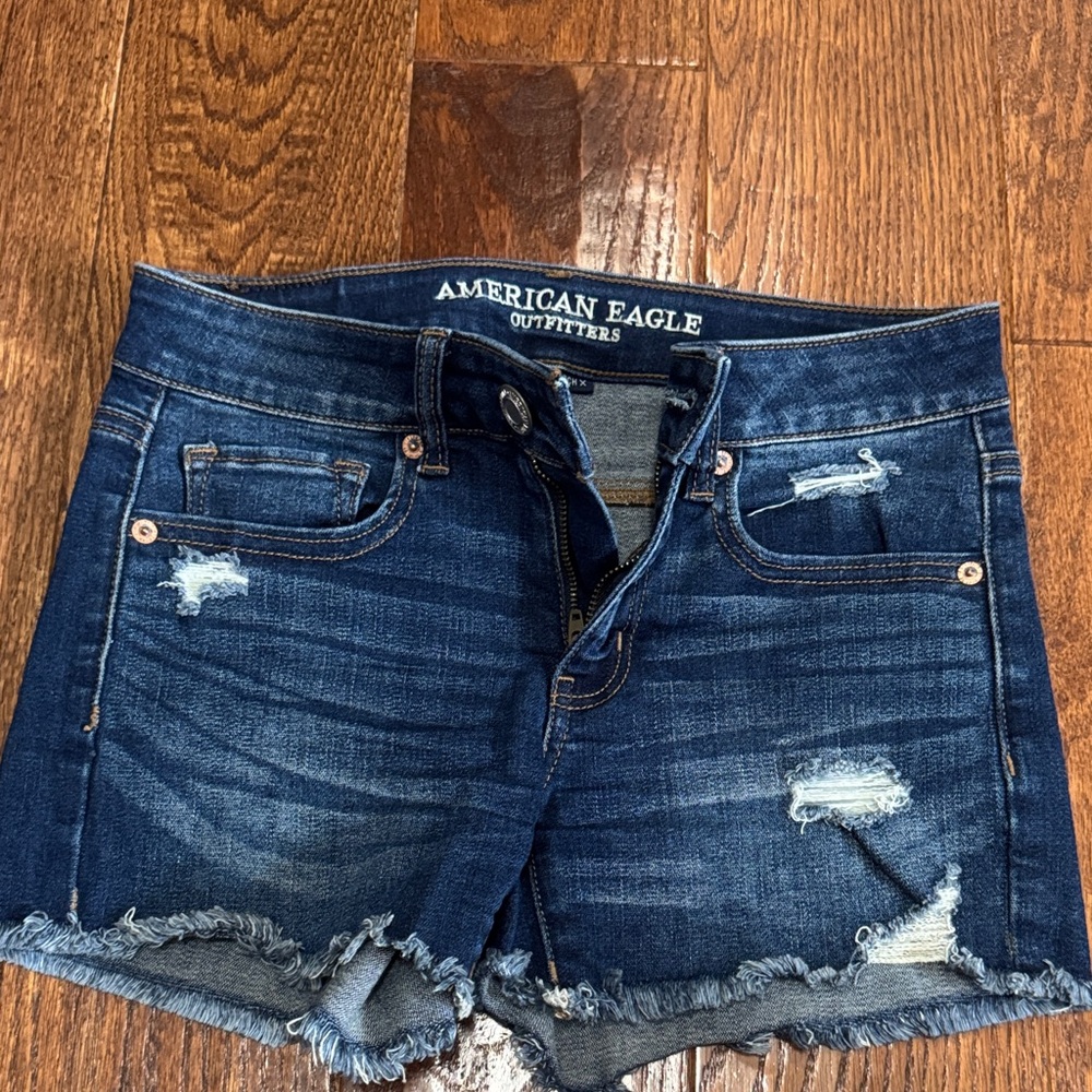 American Eagle Outfitters Dark Blue Distressed Jean Shorts
